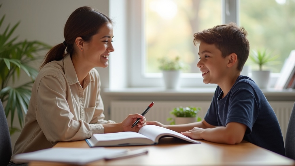 Smiling tutor and student working together at a desk